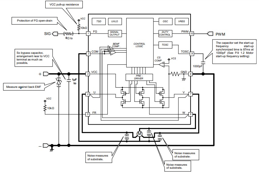 Schéma du circuit d'application - ROHM Semiconductor Pilote de moteur de ventilateur triphasé BD6326ANUX